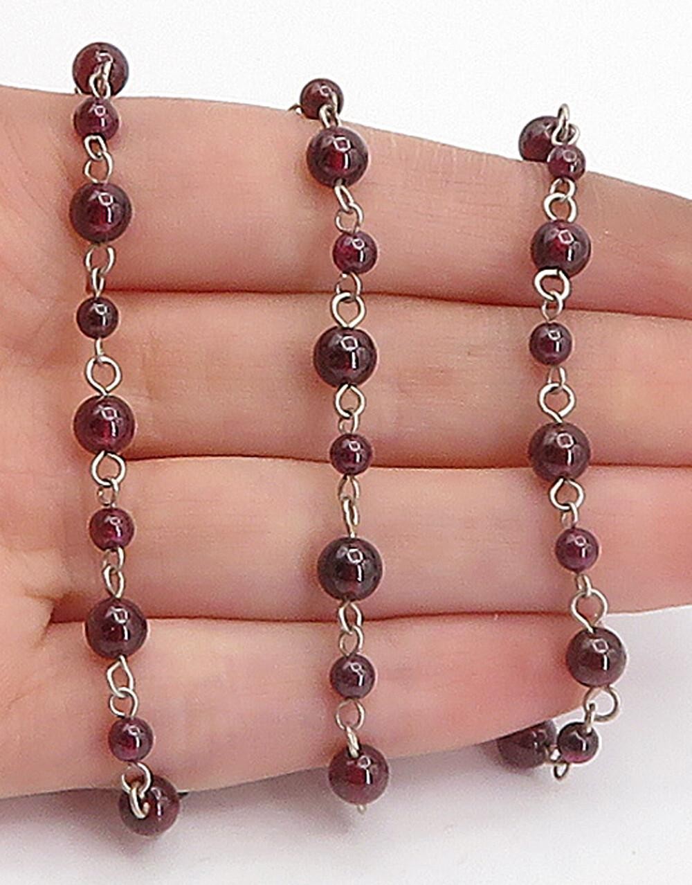 925 Sterling Silver Vintage Red Topaz Ball Beaded Chain Necklace NE1127
