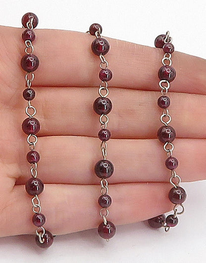 925 Sterling Silver Vintage Red Topaz Ball Beaded Chain Necklace NE1127