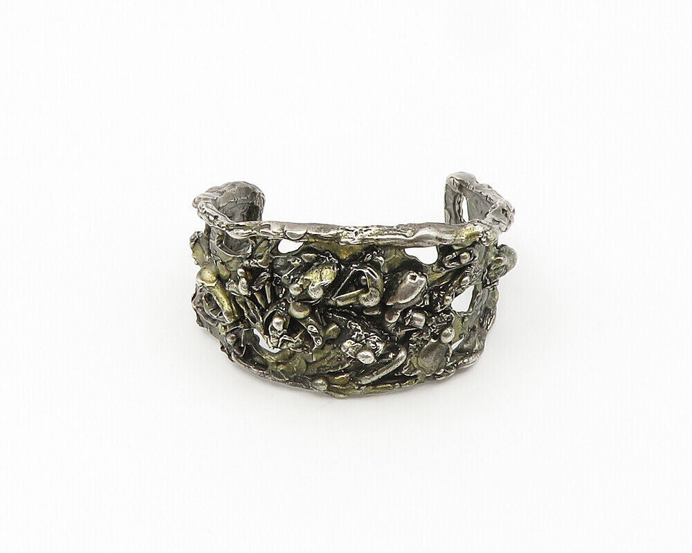 925 Sterling Silver Vintage Brutalist Sculpted Dark Tone Cuff Bracelet BT7626
