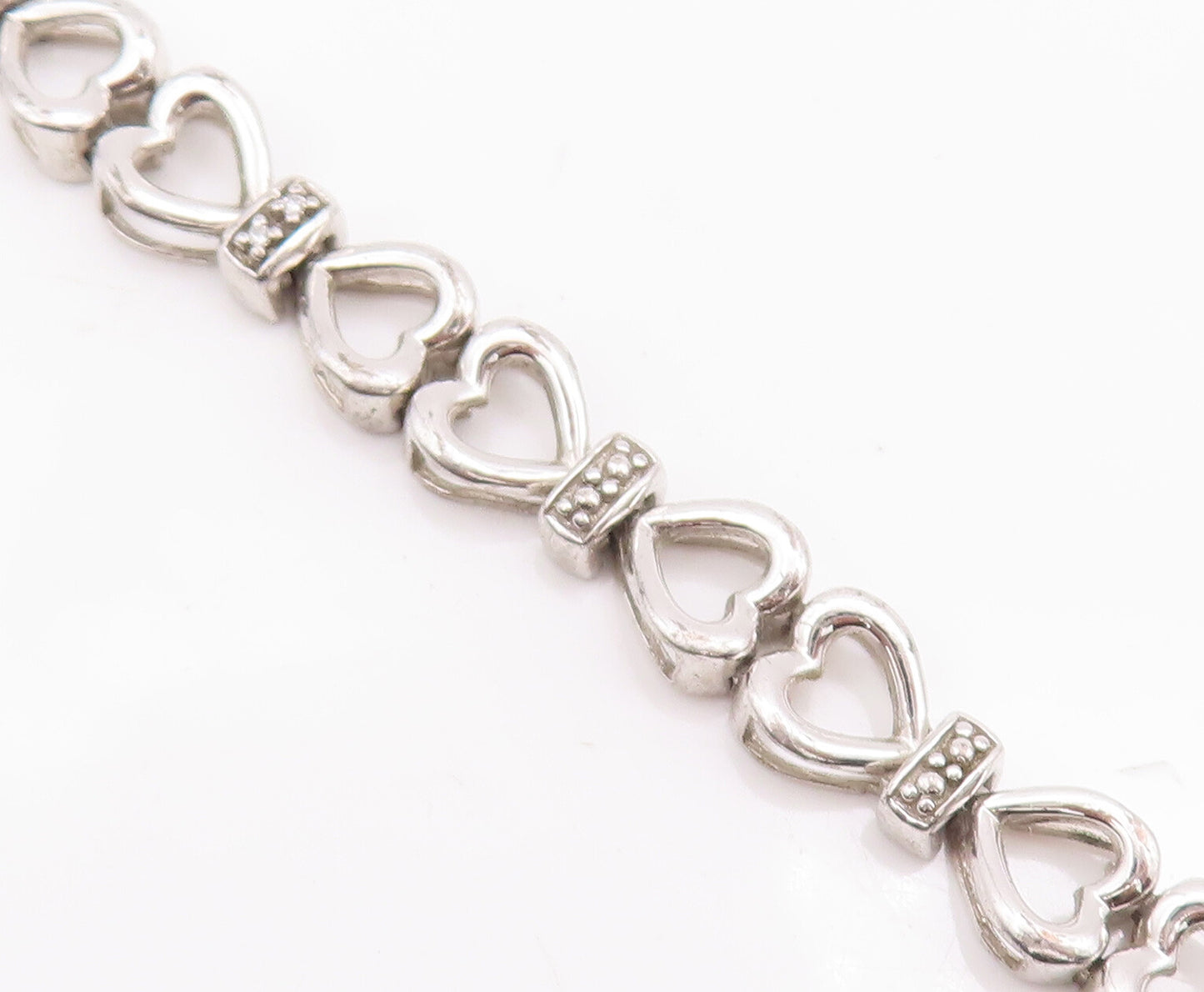 925 Sterling Silver Vintage Bracelet Cutout Real Diamonds Linked Hearts  BT10532