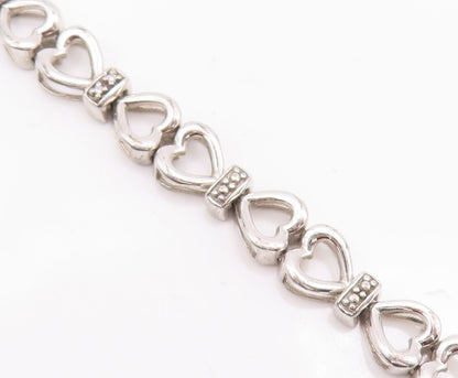 925 Sterling Silver Vintage Bracelet Cutout Real Diamonds Linked Hearts  BT10532