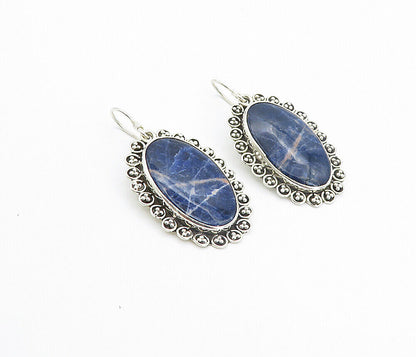 925 Sterling Silver - Vintage Sodalite Bordered Oval Dangle Earrings - EG3514