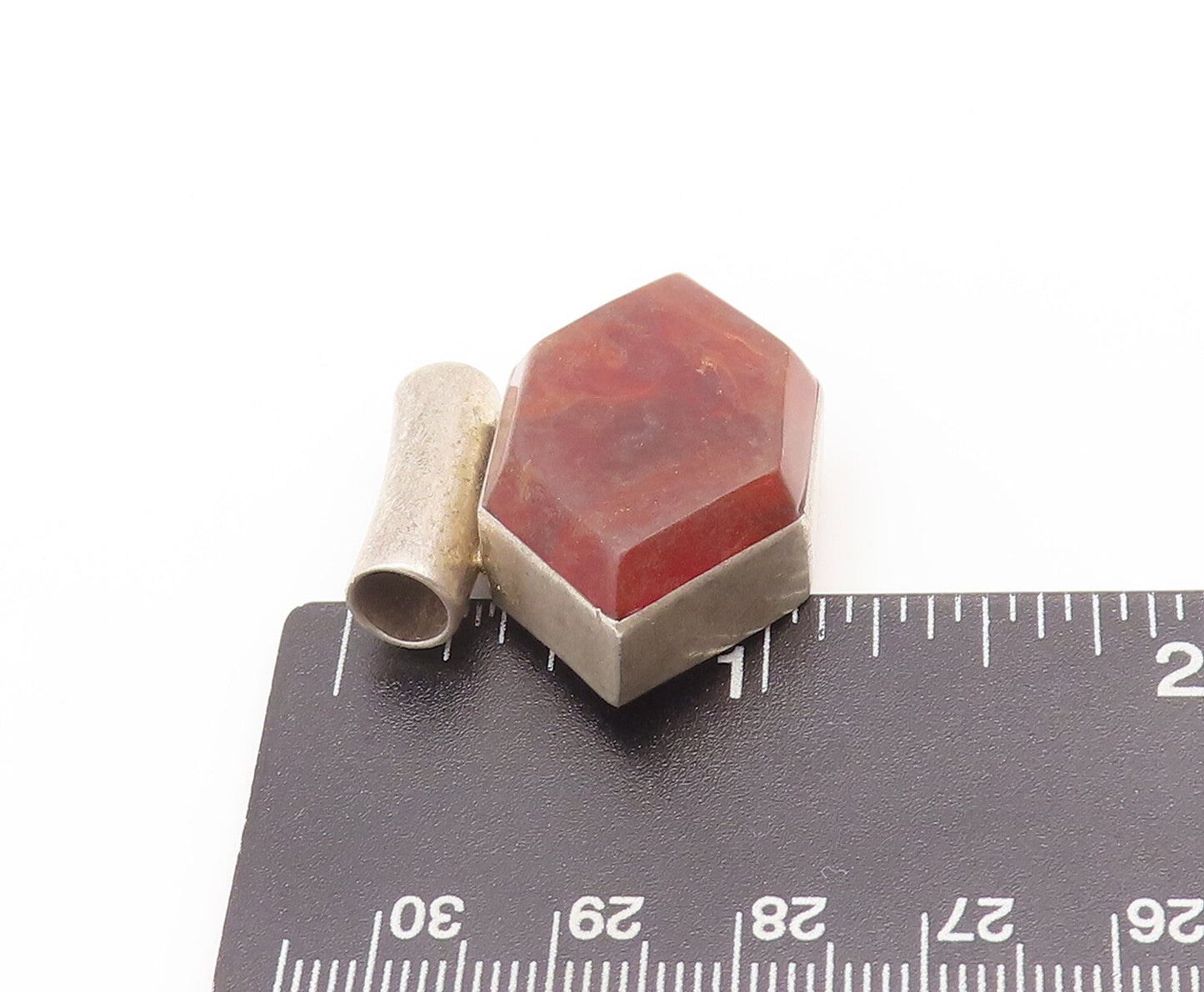 925 Sterling Silver Vintage Pendant MEXICO Solid Hexagonal Brown Marble  PT22751