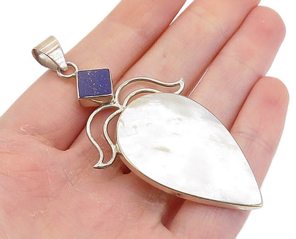 925 Sterling Silver  Shiny Mother Of Pearl & Lapis Lazuli Drop Pendant  PT6113