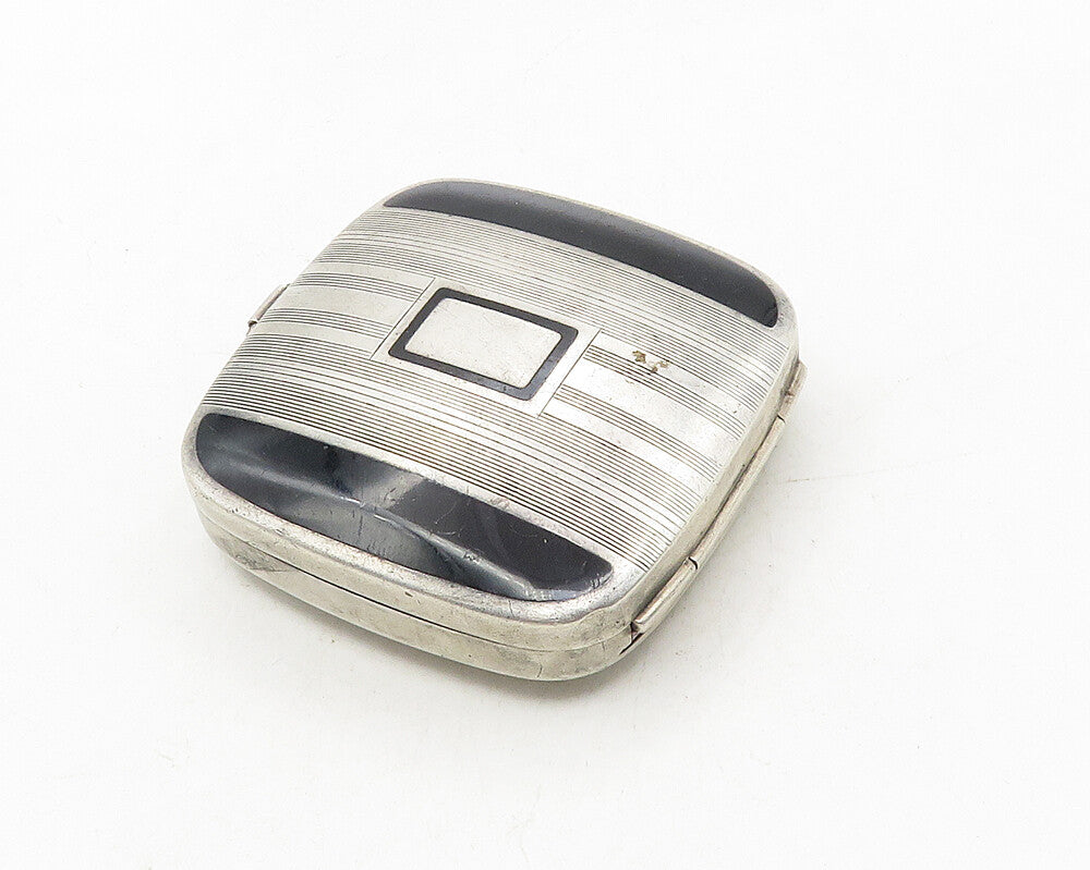 925 Sterling Silver  Vintage Inlaid Black Onyx Square Compact Mirror  TR1737