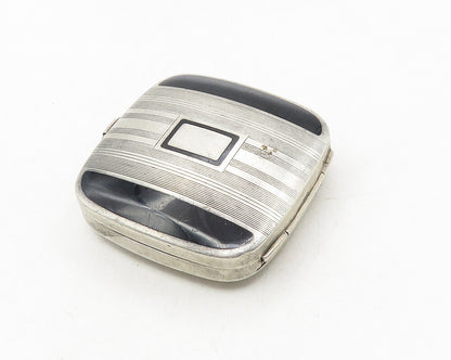 925 Sterling Silver  Vintage Inlaid Black Onyx Square Compact Mirror  TR1737
