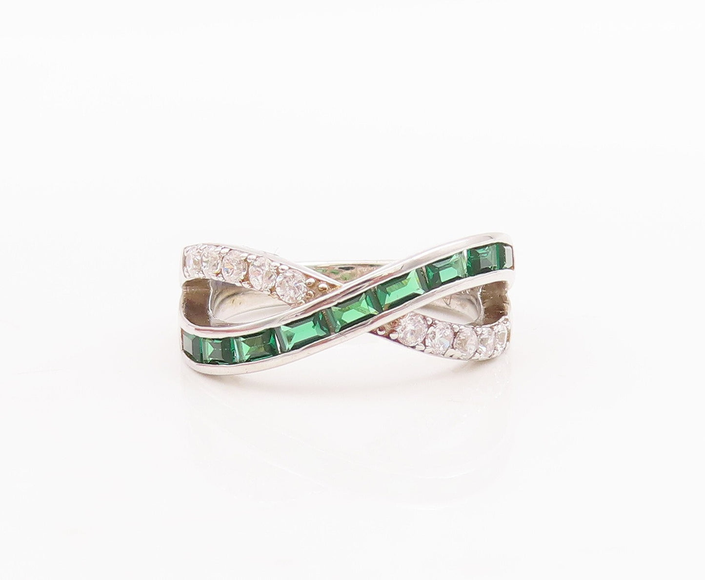 925 Sterling Silver Vintage Ring Peridot CZ Inlay X Cutout Bands  Sz 7  RG29271