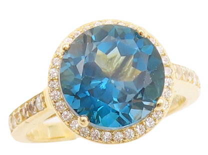 925 Sterling Silver Vintage Ring Gold Plated Blue Halo White CZ  Sz 7  RG30723