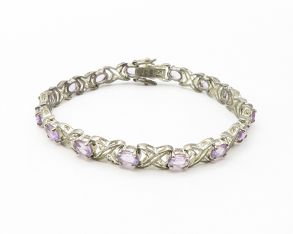 925 Sterling Silver  Vintage Amethyst XO Hugs & Kisses Chain Bracelet  BT5752