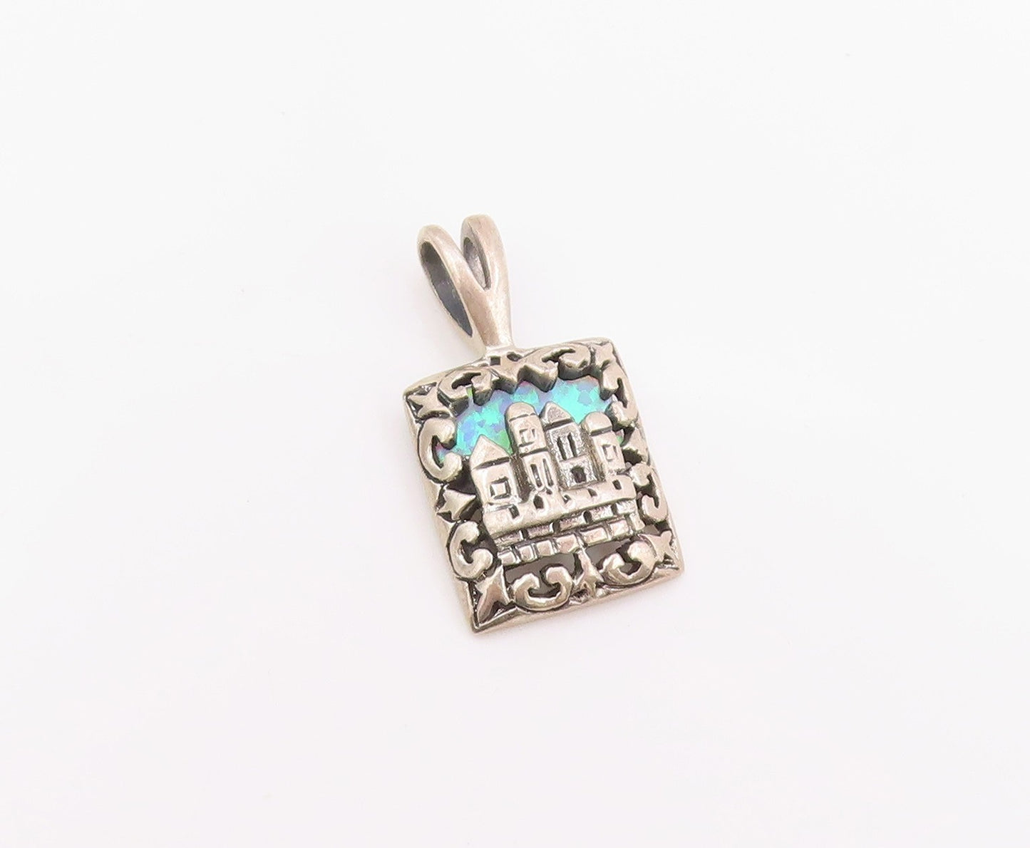 925 Sterling Silver Vintage Pendant Fire Opal Jerusalem Skyline Charm  PT26228