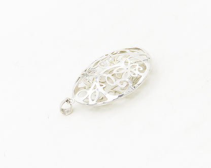 925 Sterling Silver  Shiny Floral Vine Cutout Oval Pendant  PT13932