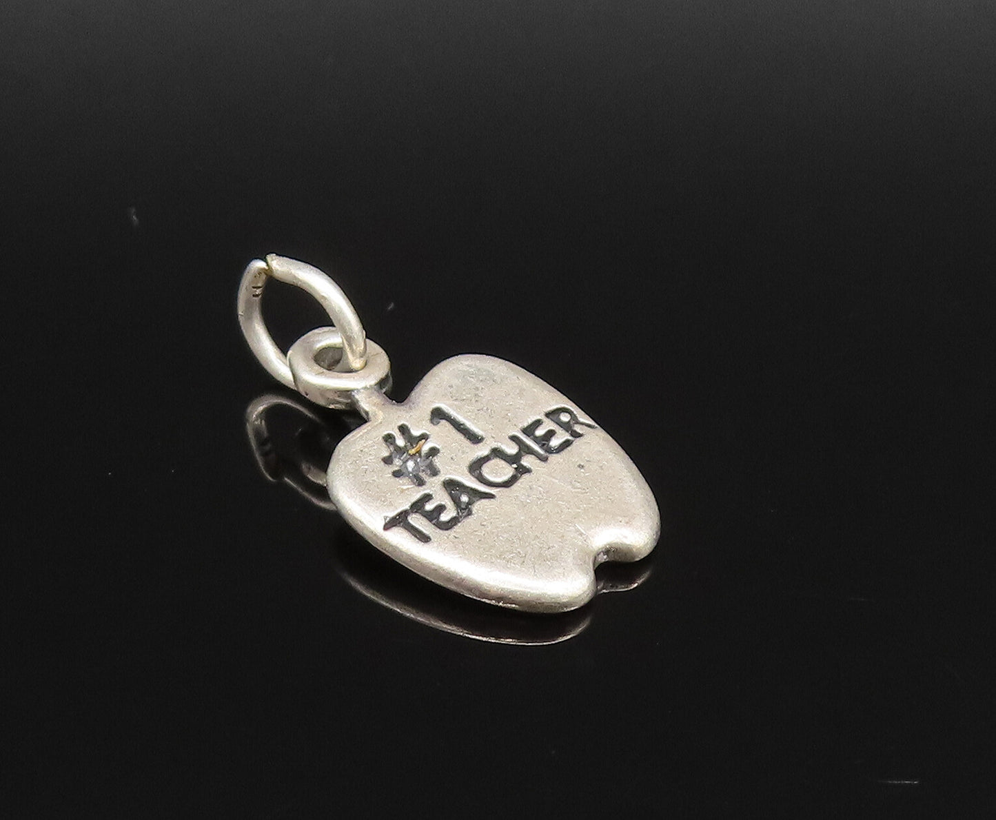 925 Sterling Silver  Vintage Engraved #1 Teacher Apple Charm Pendant  PT21352