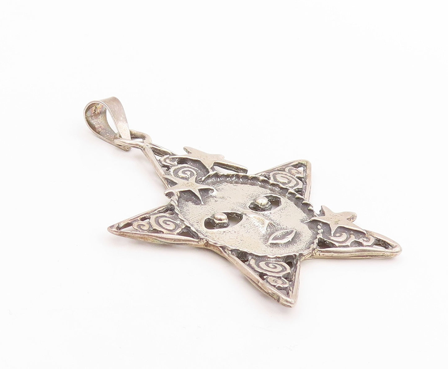 925 Sterling Silver Vintage Pendant Antique Cutout Moon Faced Star  PT24739