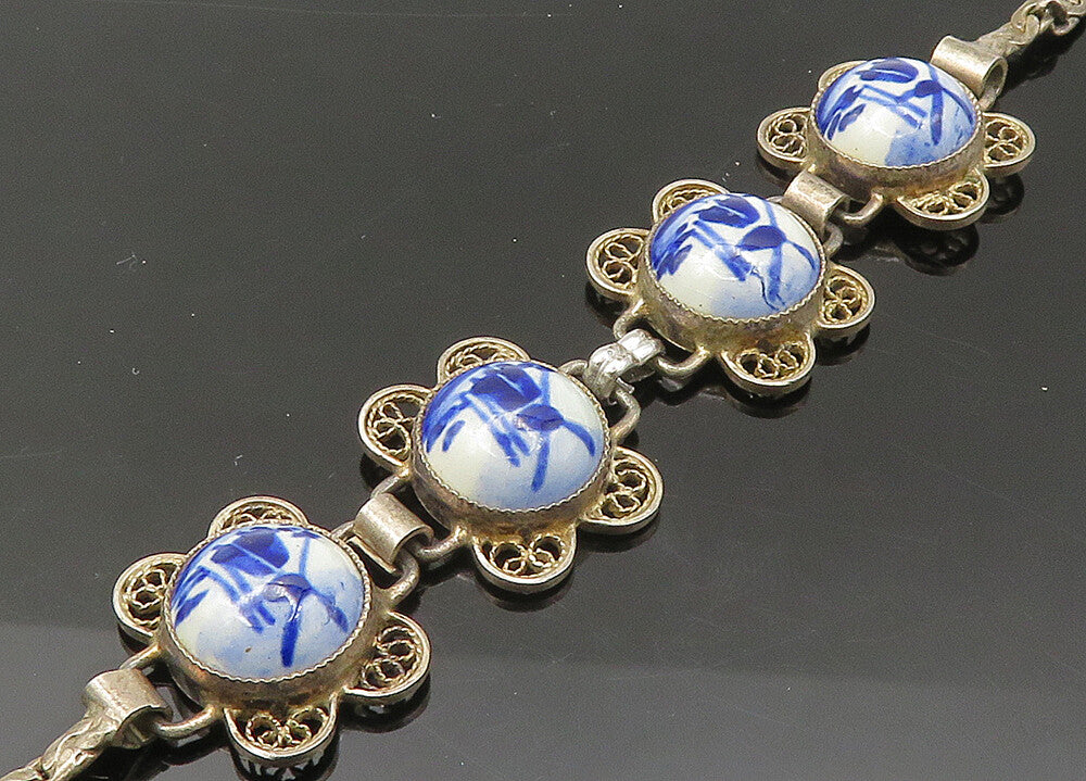 925 Sterling Silver  Vintage Enamel Windmill Scene Chain Bracelet  BT8659
