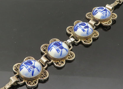 925 Sterling Silver  Vintage Enamel Windmill Scene Chain Bracelet  BT8659