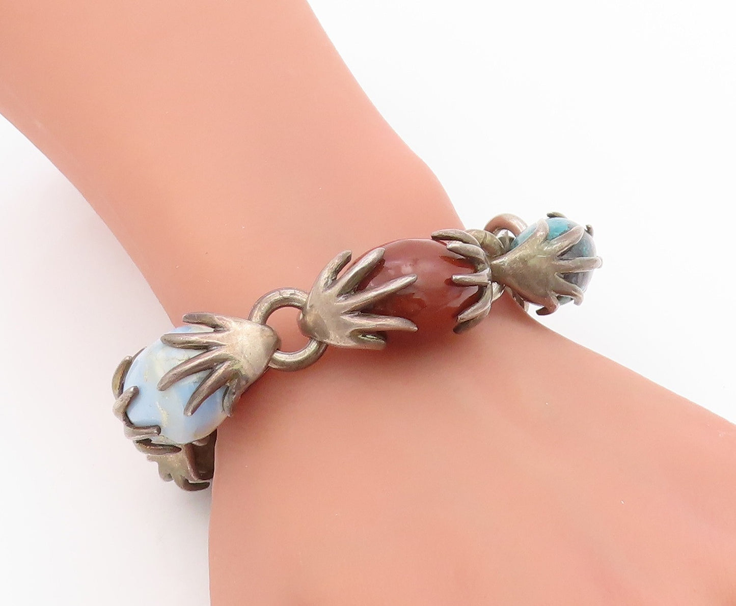 925 Sterling Silver Vintage Bracelet LOS CASTILLO Multi Gemstone Chain  BT11519