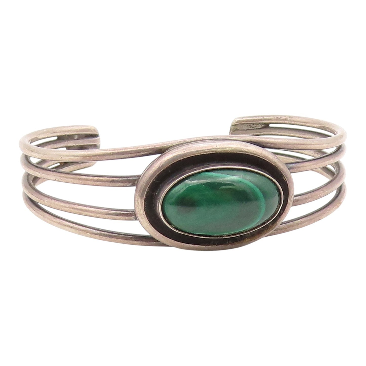 925 Sterling Silver  Vintage Cabochon Malachite Split Cuff Bracelet  BT9205