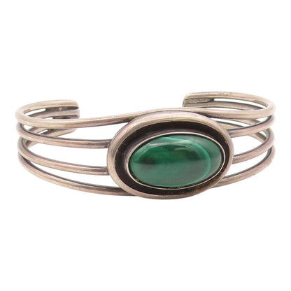 925 Sterling Silver  Vintage Cabochon Malachite Split Cuff Bracelet  BT9205
