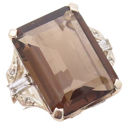 925 Sterling Silver Vintage Ring Rectangle Cut Smoky Quartz & CZ  Sz 7  RG29944