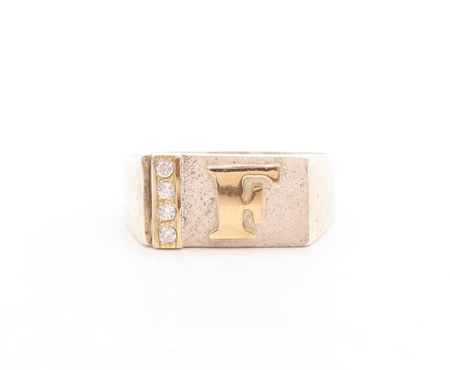 14k Gold 925 Sterling Silver Vintage Ring Carved F CZ Inlay  Sz 11.5  RG31523