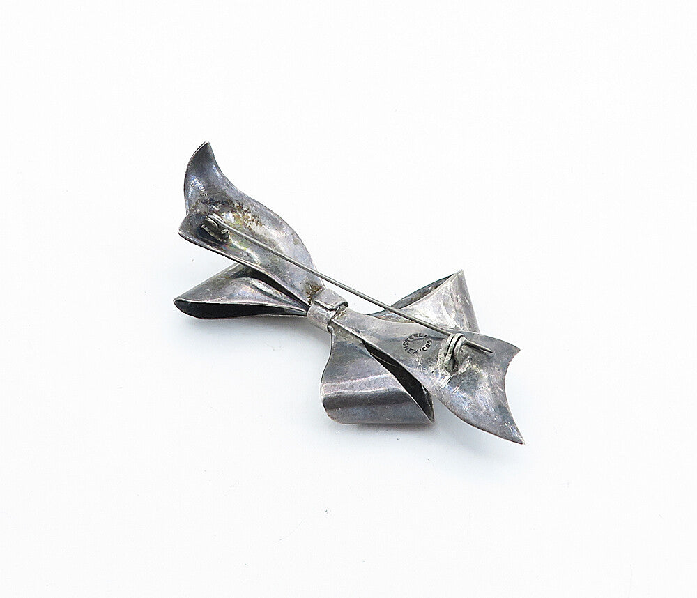 MEXICO 925 Sterling Silver  Vintage Oxidized Bow Tied Ribbon Brooch Pin BP2384