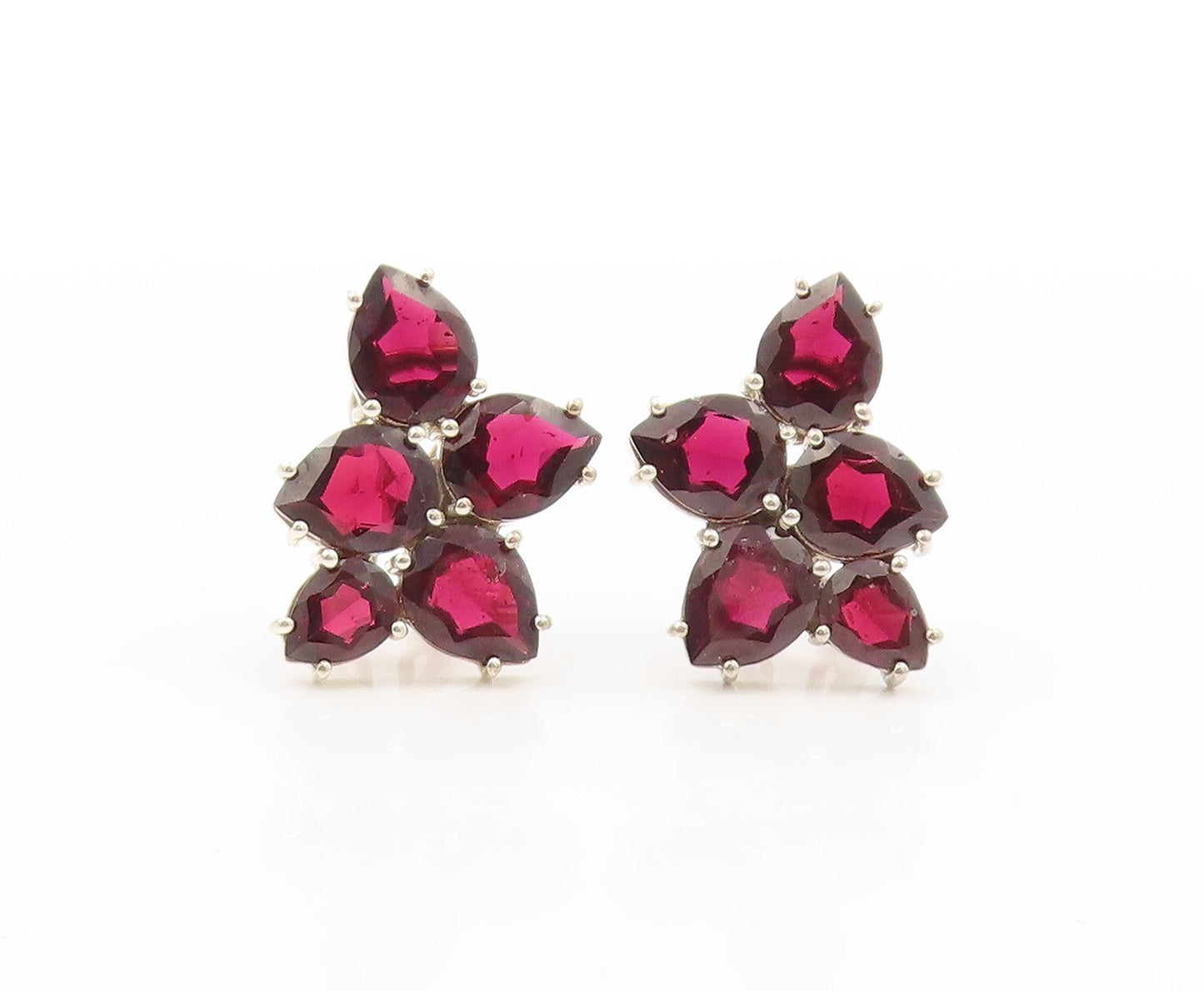 925 Sterling Silver Vintage Earrings Multi Drop Cut Garnet Clip on EG13399