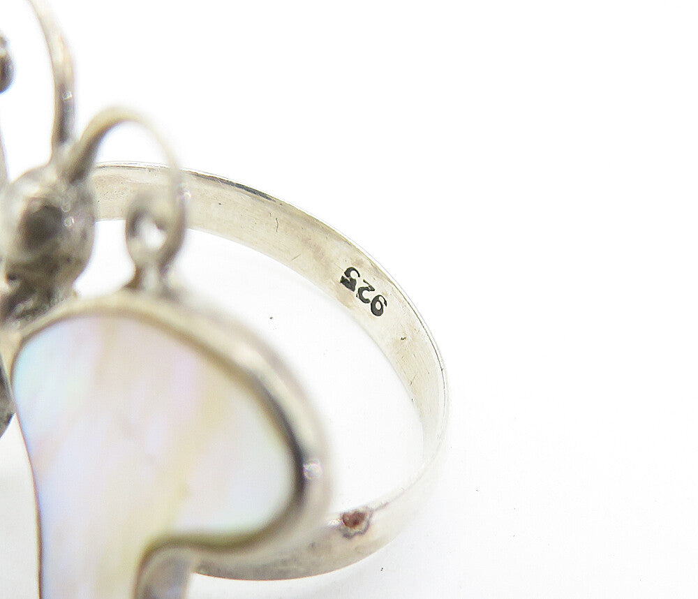 925 Silver  Vintage Mother Of Pearl Butterfly Motif Cocktail Ring Sz 7  RG7857