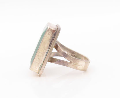 925 Sterling Silver Vintage Ring Rectangle Green Gemstone Inlay  Sz 7  RG30178