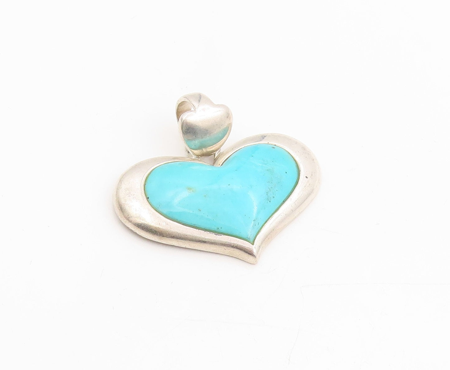 925 Sterling Silver Vintage Pendant Cabochon Turquoise Solid Love Heart  PT25316