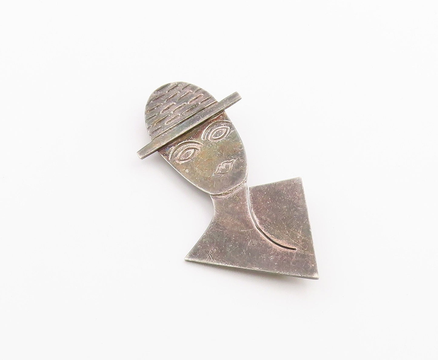 MEXICO 925 Silver  Vintage Engraved Man With Hat Flat Brooch Pin  BP9676