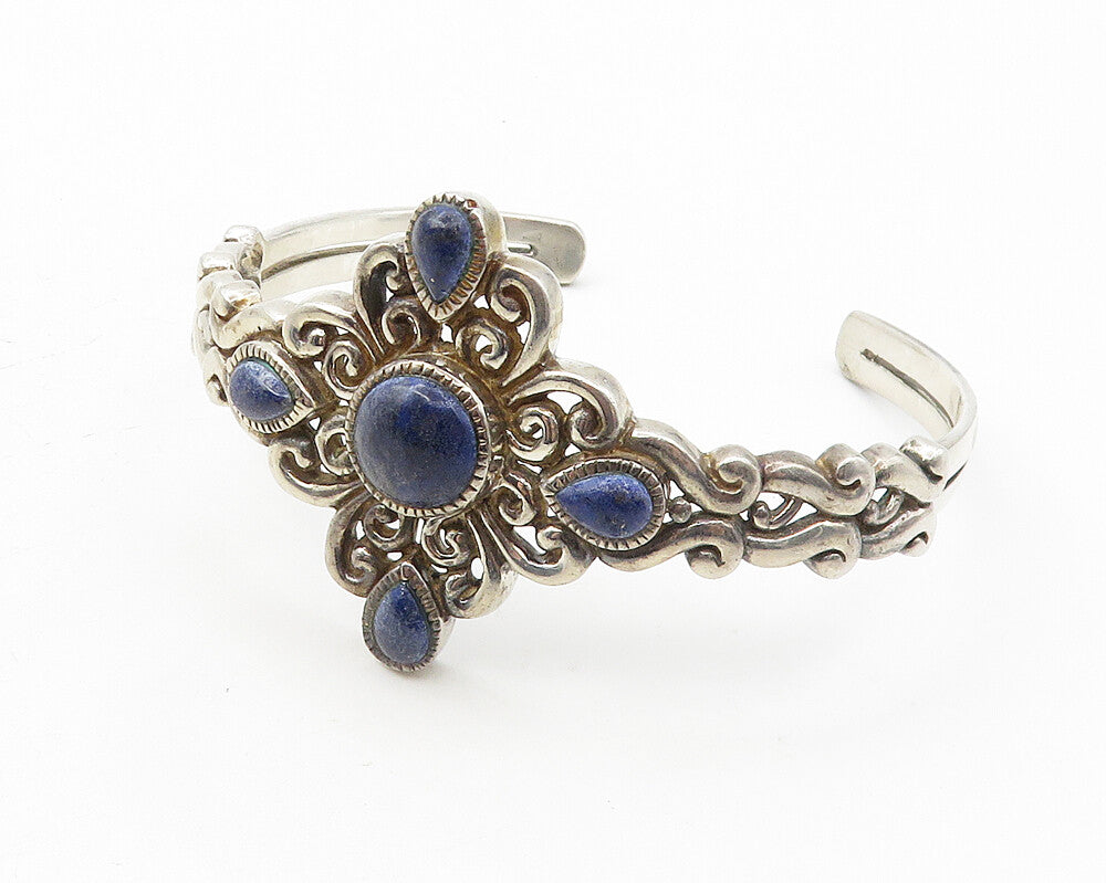 NK 925 Sterling Silver  Vintage Sodalite Floral Swirl Cuff Bracelet  BT4497