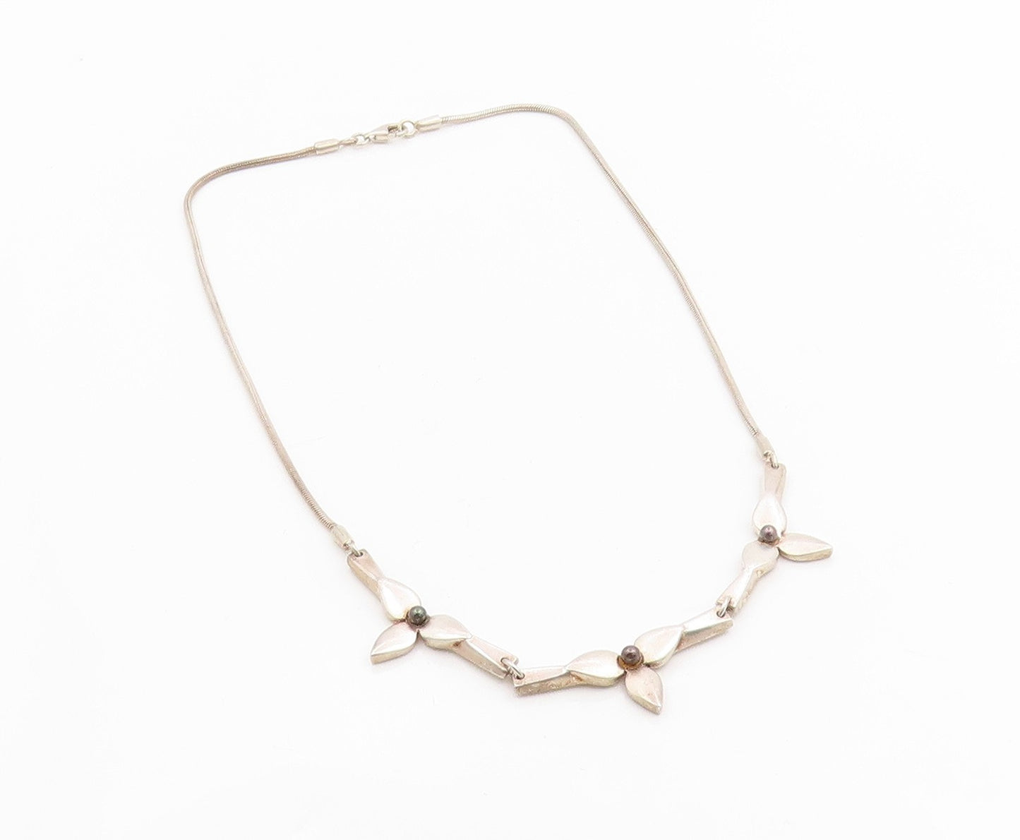 925 Sterling Silver Vintage Necklace Pearl Modernist Botanical Petal Link NE4859