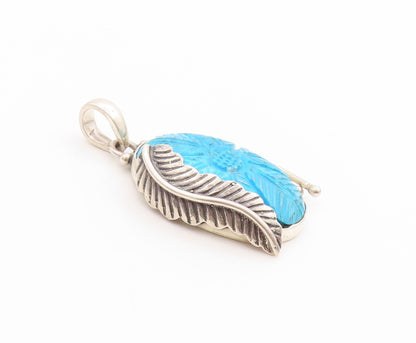 925 Sterling Silver Vintage Pendant Carved Turquoise Flower and Feather  PT24893