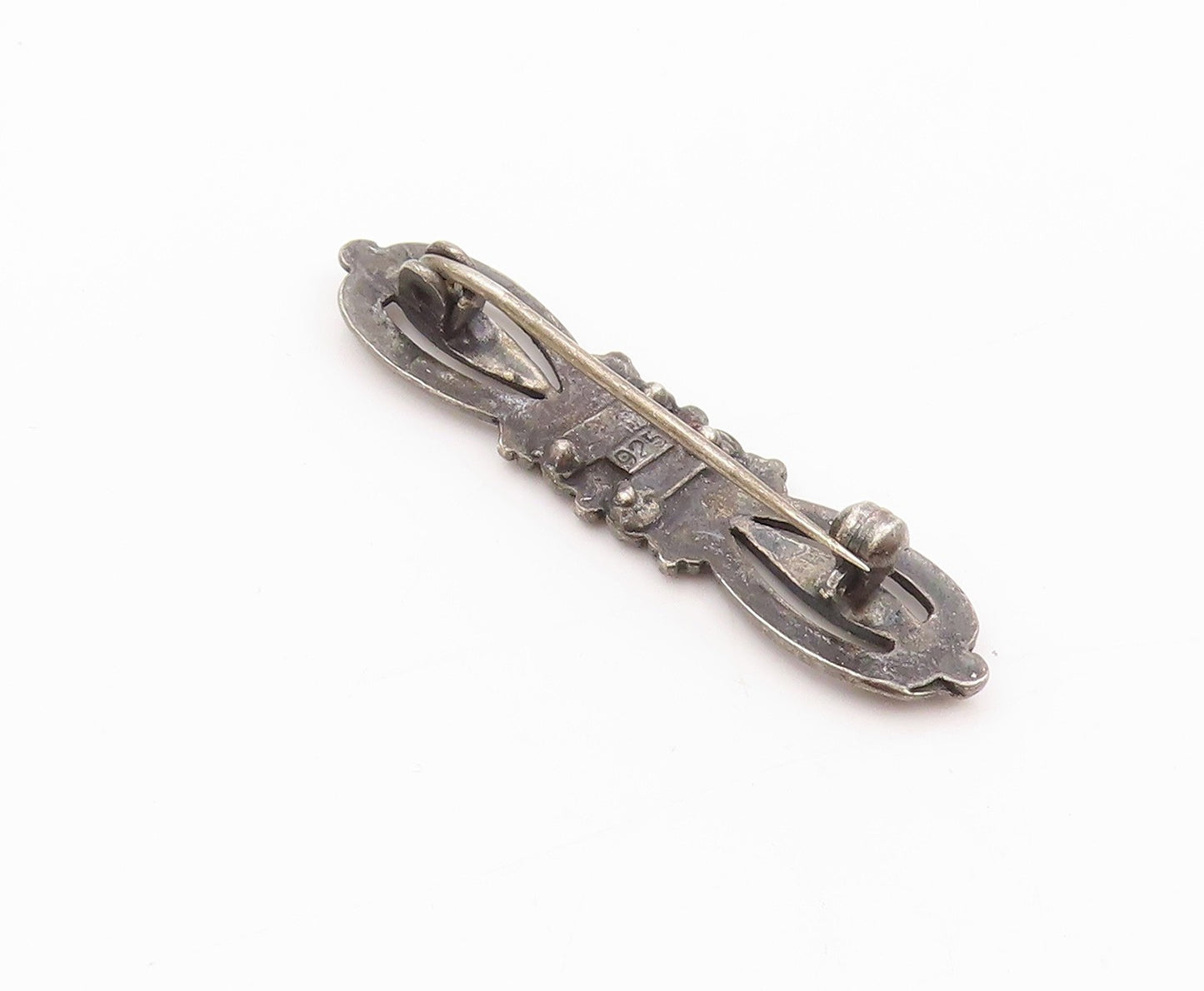 925 Sterling Silver Vintage Brooch Victorian Design CZ Inlay Cutout  BP11623