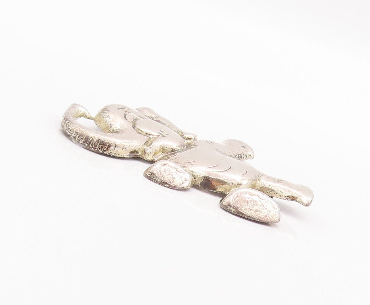925 Sterling Silver Vintage Brooch Pin Carved Happy Walking Elephant  BP10837