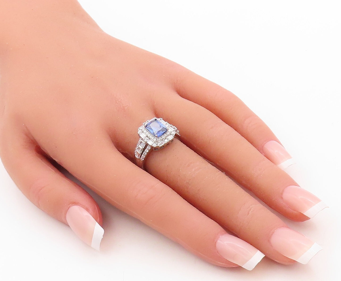 925 Sterling Silver Vintage Ring Designer Rectangle Sapphire & CZ  Sz 7 RG30895