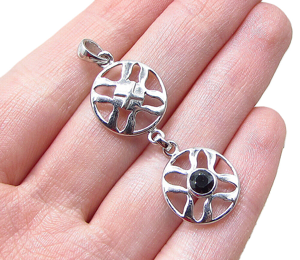 925 Sterling Silver  Faceted Sapphire Linked Cross Wheels Drop Pendant  PT1531