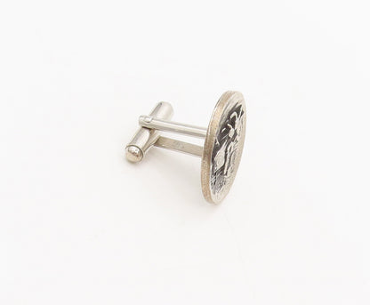 925 Sterling Silver Vintage Carved Car Button Like Round Cuff Links TR3520