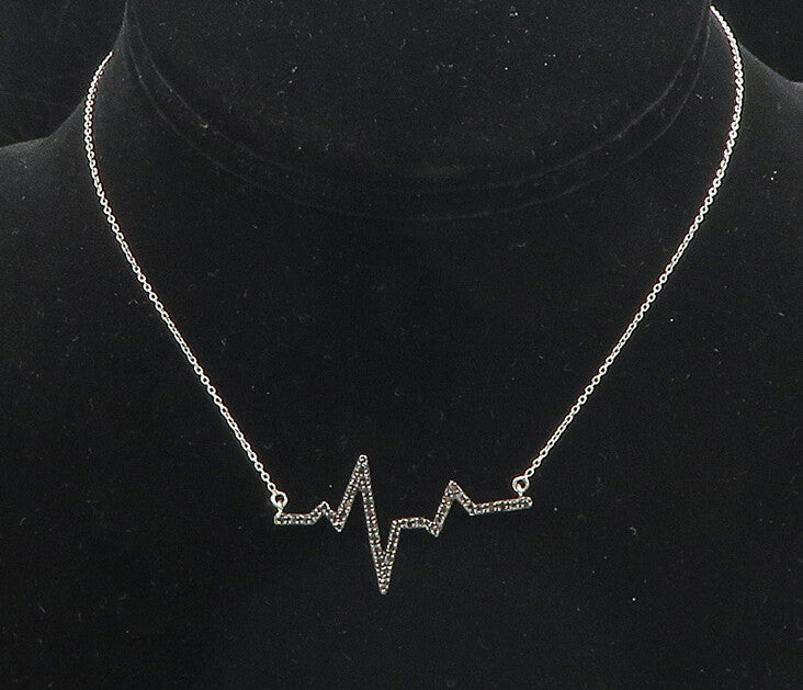 925 Sterling Silver  Genuine Black Diamonds Heartbeat Chain Necklace  NE3018