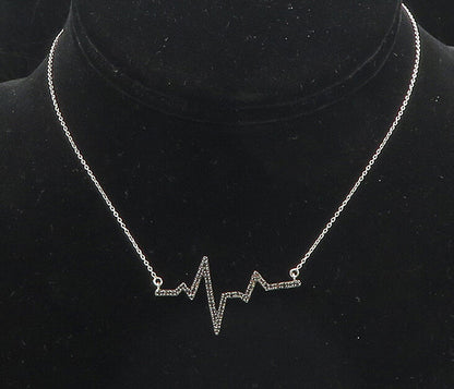 925 Sterling Silver  Genuine Black Diamonds Heartbeat Chain Necklace  NE3018