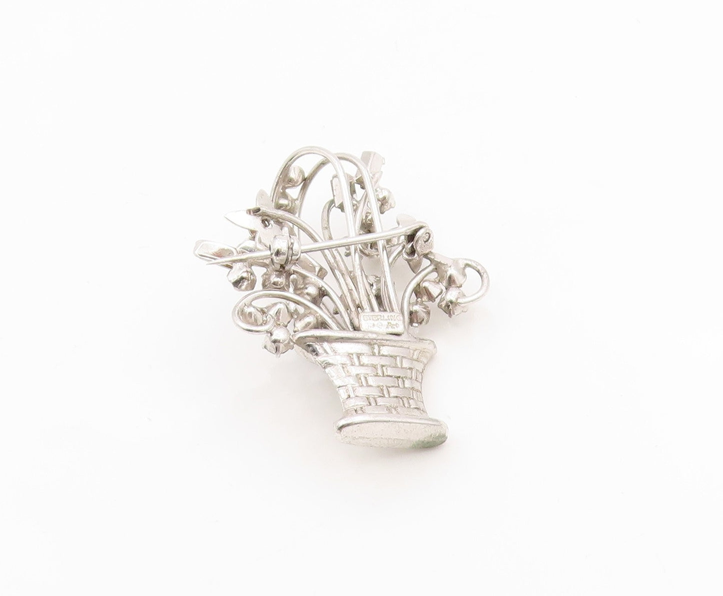 925 Sterling Silver Vintage Brooch CARL ART Rhinestone Flower Basket Pin BP12121