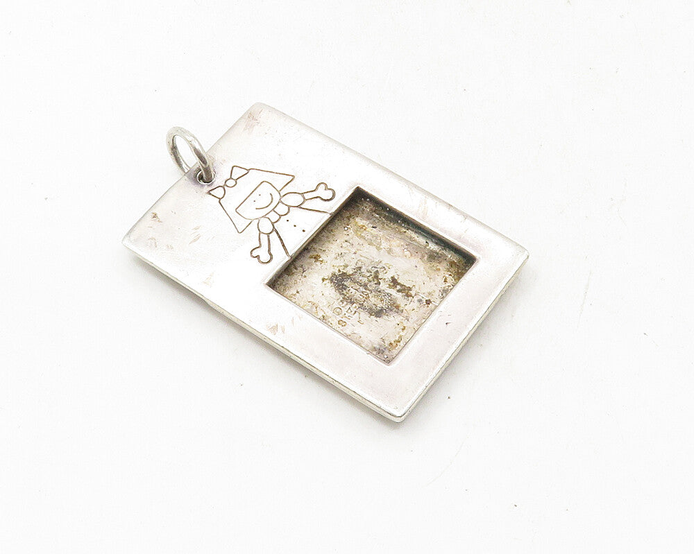 MEXICO 925 Silver  Vintage Etched Little Girl Square Drop Pendant  PT7256