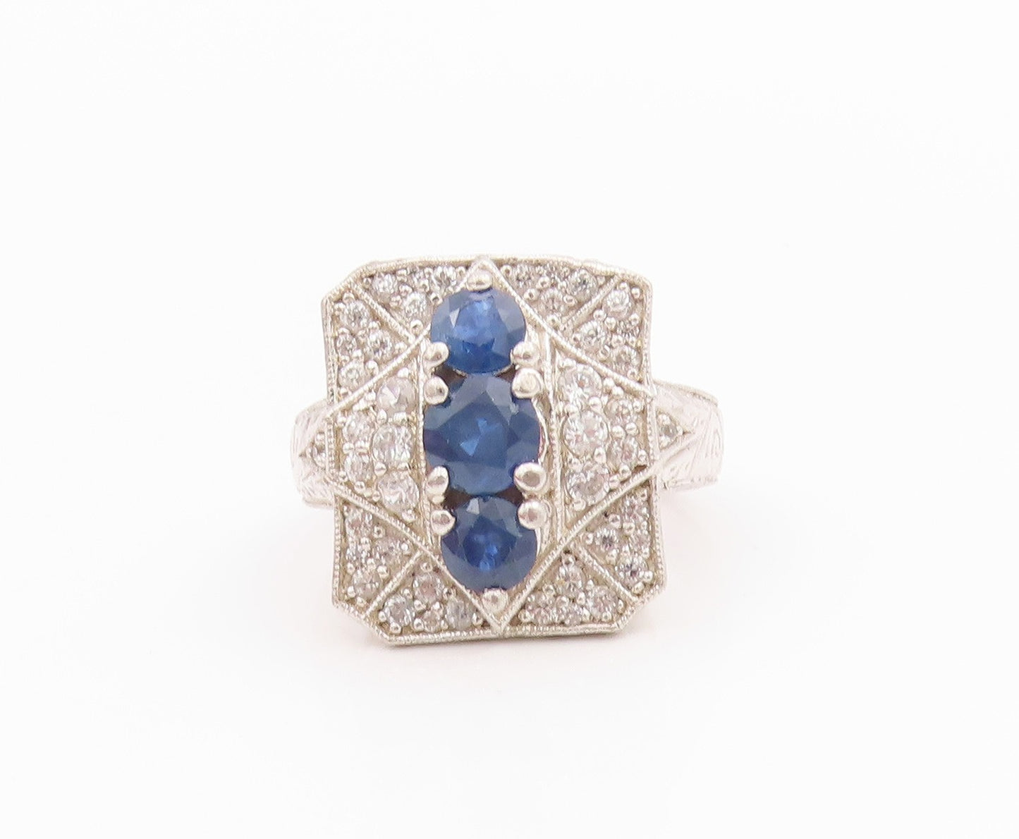 925 Sterling Silver Vintage Ring Round Sapphire & Topaz Inlay  Sz 6  RG33130