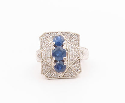925 Sterling Silver Vintage Ring Round Sapphire & Topaz Inlay  Sz 6  RG33130