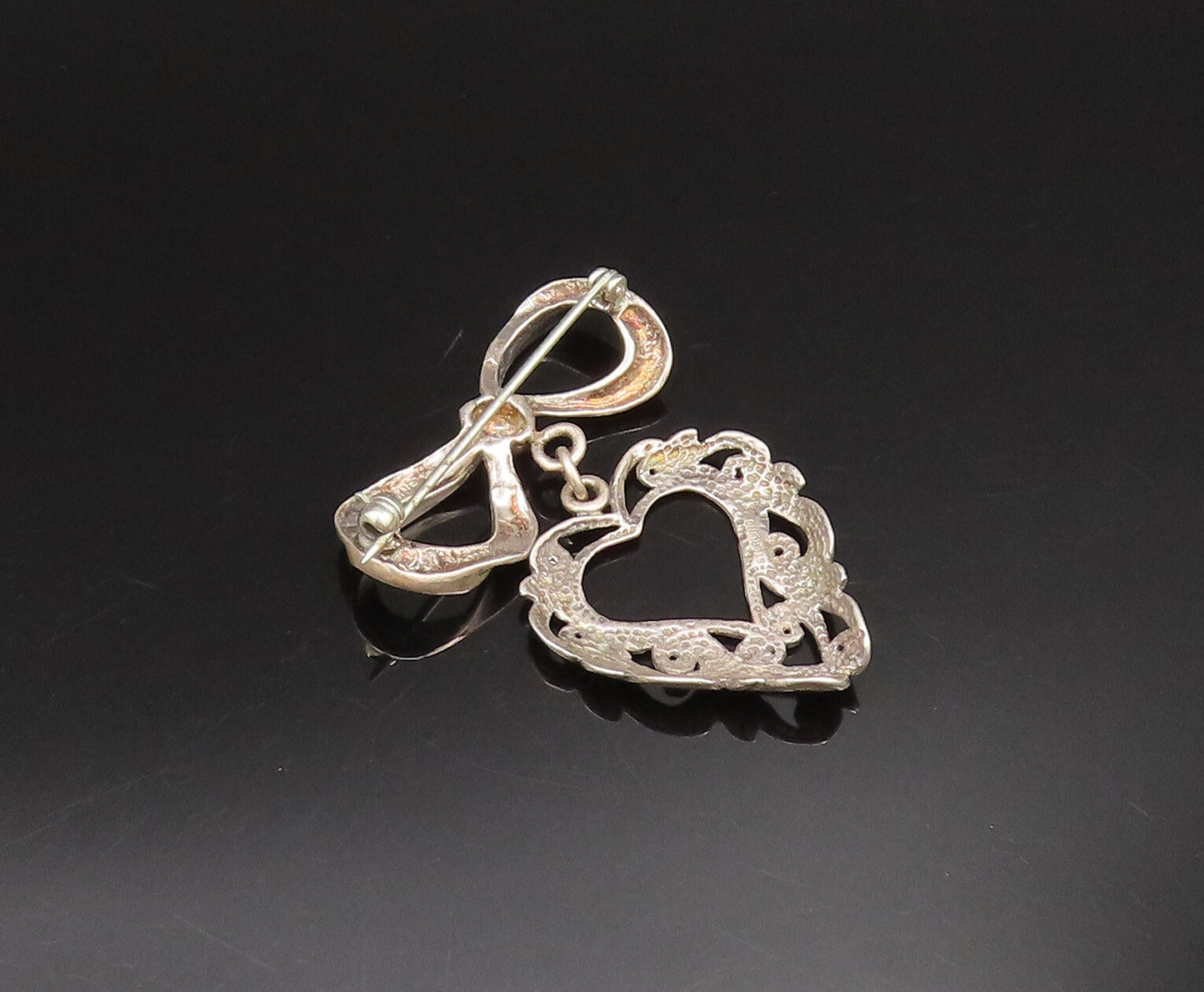 925 Silver  Vintage Dainty Bow Tie Dangle Scroll Love Heart Brooch Pin  BP9759