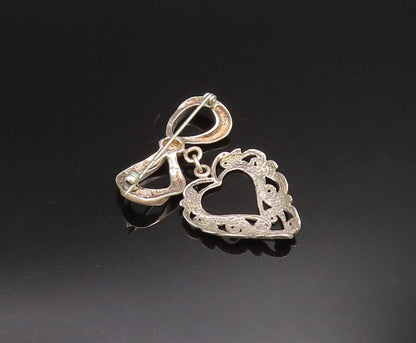 925 Silver  Vintage Dainty Bow Tie Dangle Scroll Love Heart Brooch Pin  BP9759