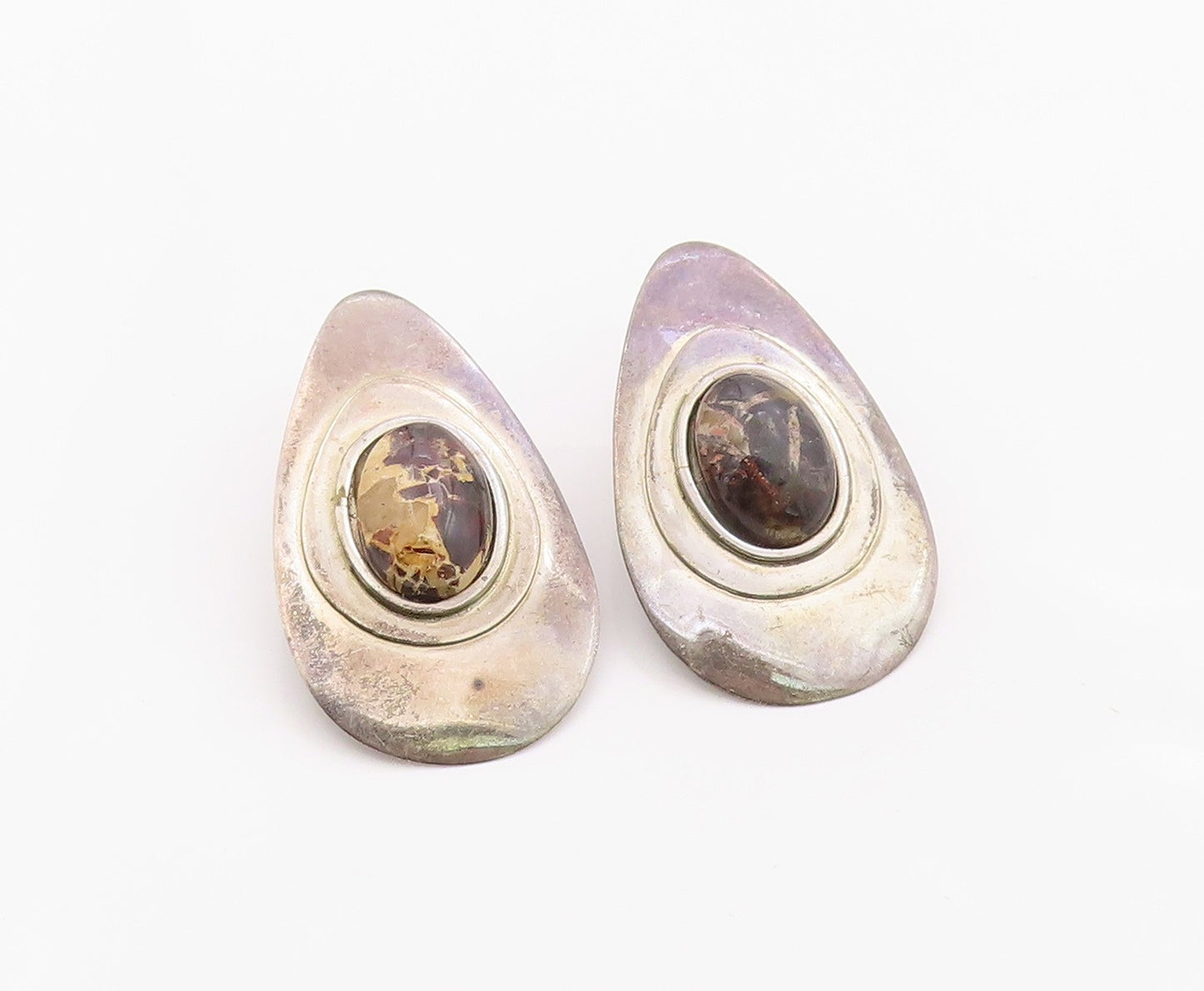 925 Sterling Silver Vintage Earrings Modernist Agate Teardrop Studs  EG14378