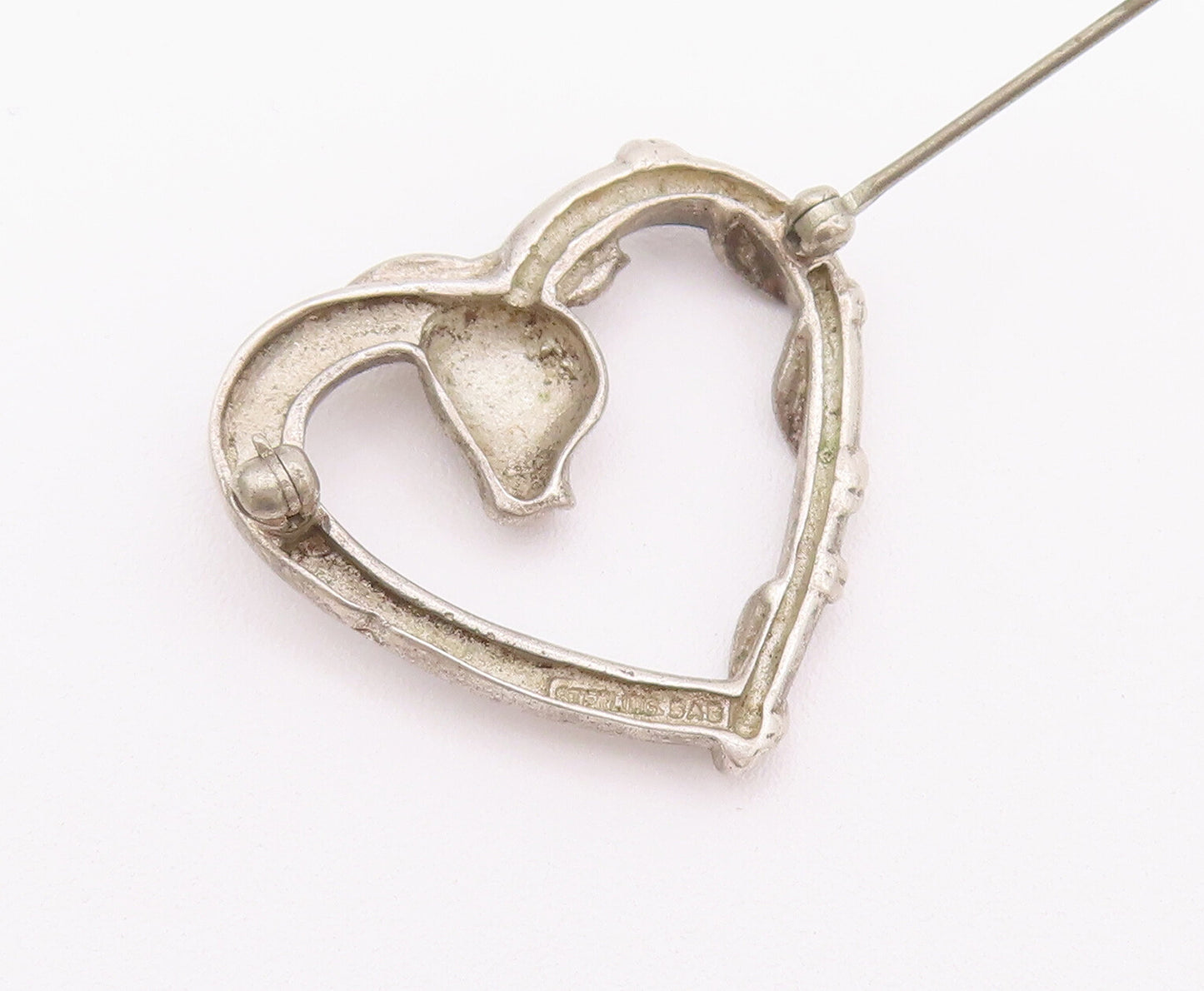 925 Sterling Silver Vintage Brooch Pin Coiled Carved Rose Love Heart  BP10758