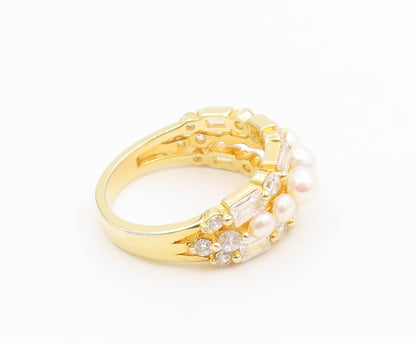 925 Sterling Silver Vintage Ring Gold Plated Pearl Statement Band  Sz 8  RG36782