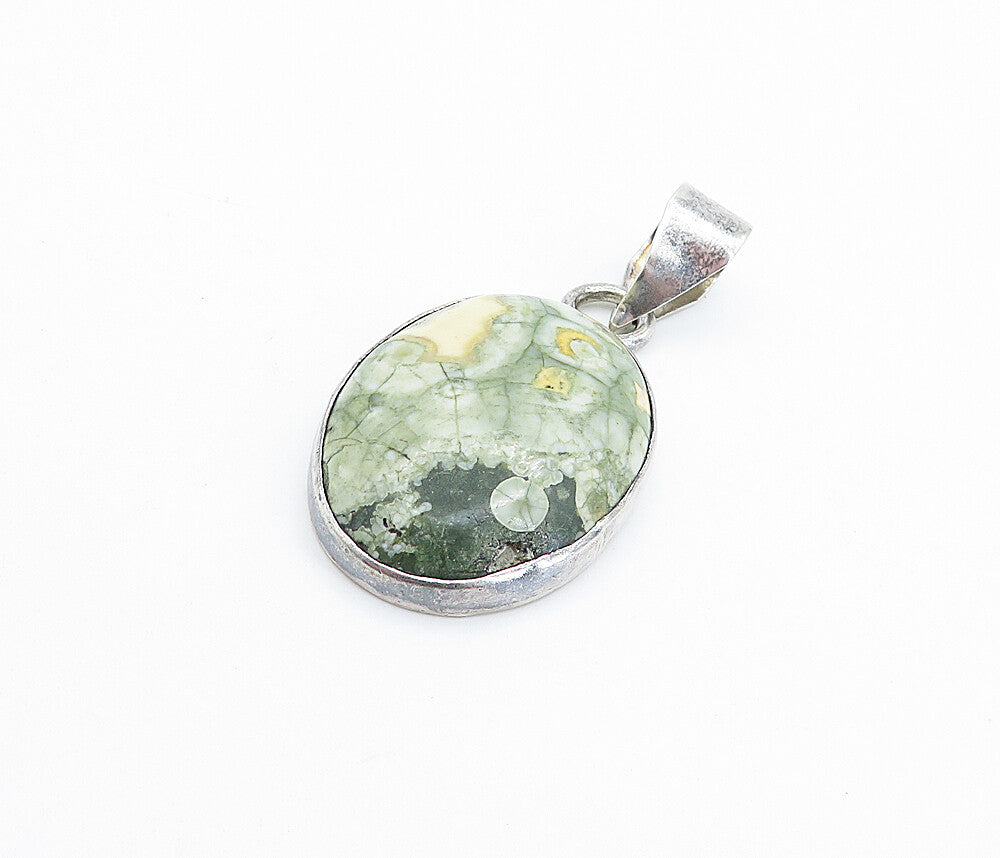 925 Sterling Silver  Vintage Cabochon Cut Jasper Shiny Drop Pendant  PT4112